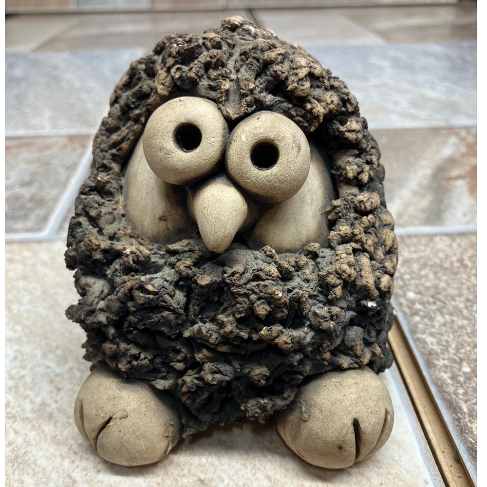 John Hughes Wales Studio Pottery Owl Figurine Textured Lava Glaze Signed 4.25in